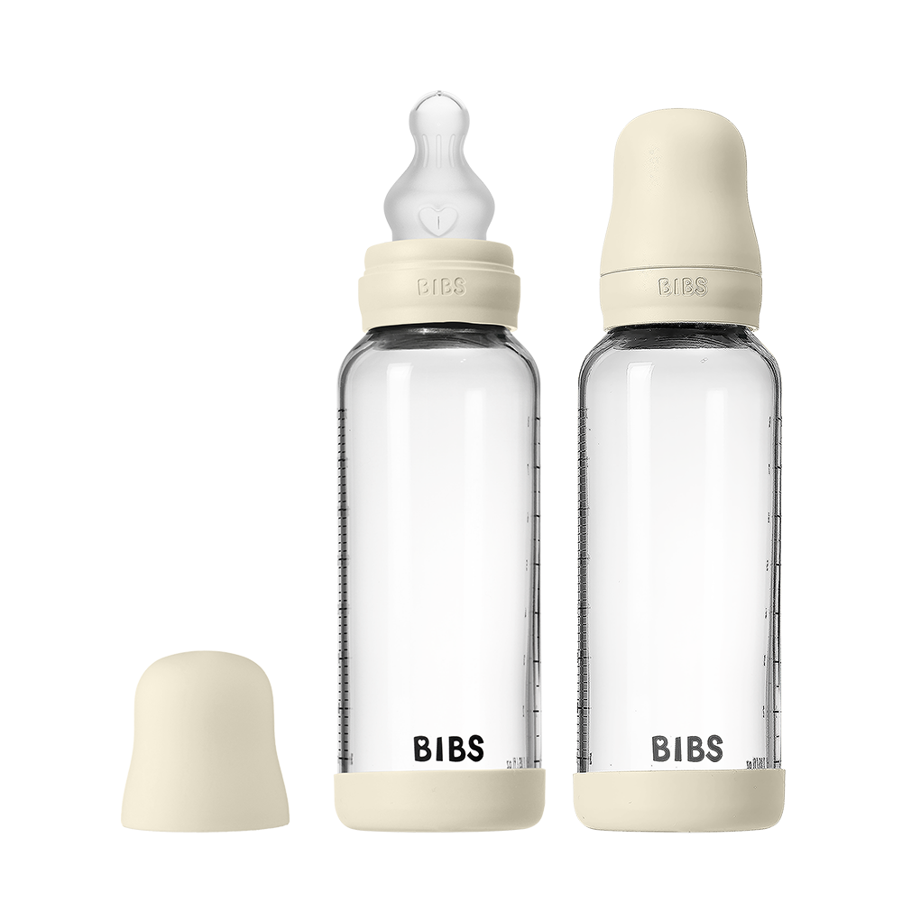 Baby Glass Bottle Set 240ml 2 Pack Silicone - Ivory - BIBS