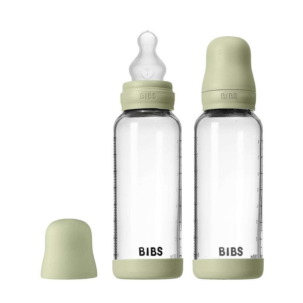 Baby Glass Bottle Set 240ml 2 Pack Silicone - Sage - BIBS