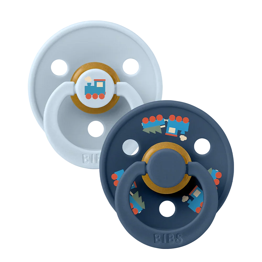 Colour Holiday Train Pacifiers 2 Pack - Baby Blue/Steel Blue - BIBS